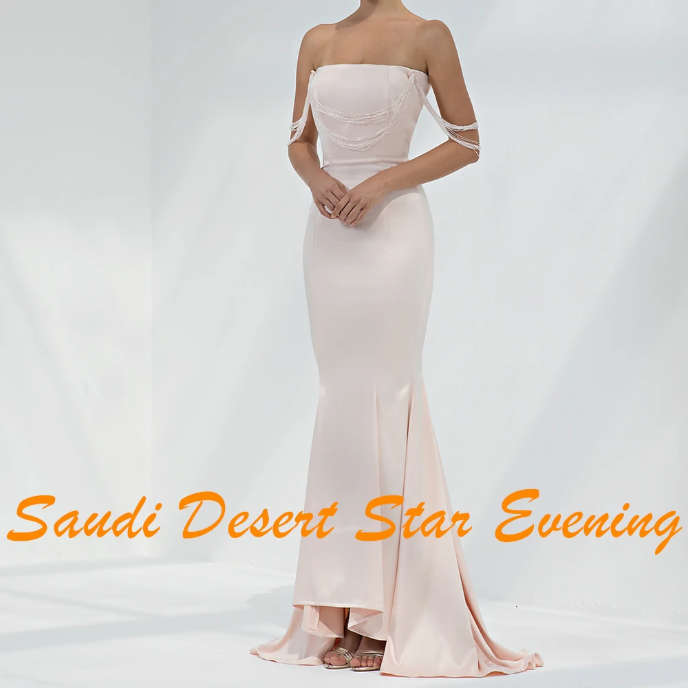 Vestidos de Noche elegantes con pliegues de sirena y perlas, vestidos de fiesta de color con temperamento sin tirantes de satén, tamaño personalizado, Arabia Saudita 2024