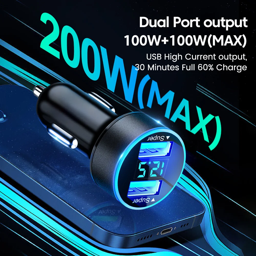 Dual USB Car Charger 200W Super Fast Charging Digital Display Mobile Phone Car USB Charger Adapter For Huawei Xiaomi iphone ipad