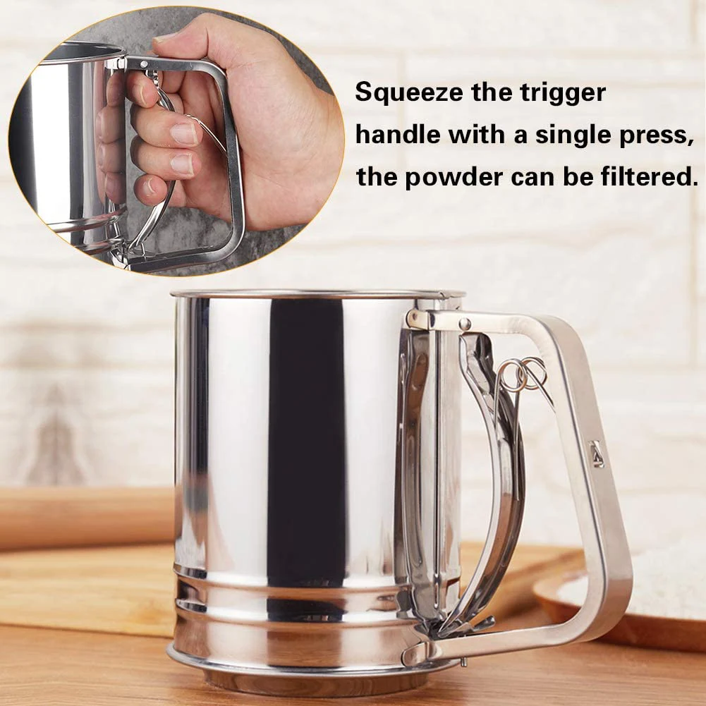 1pc Stainless Steel Flour Sifter For Baking Powder Sugar Shaker With Hand Press Design Fine Mesh Flour Sifter Sieve Kitchen Tool