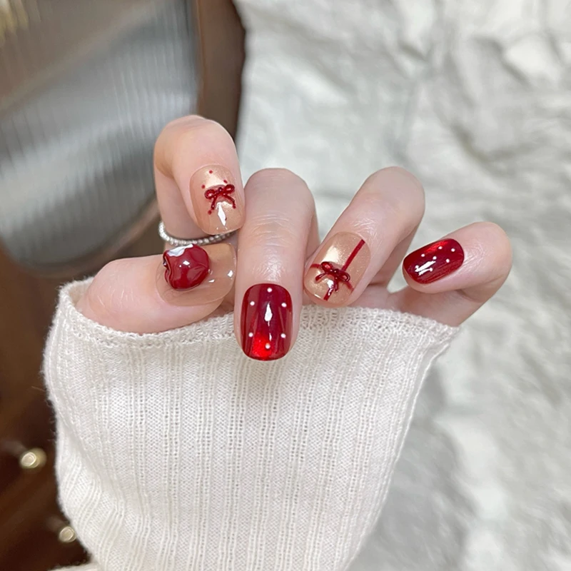 10 Uñas Postizas Elegantes con Diseño de Puntos Rojos y Ojo de Gato, Estilo Moderno, Desmontables