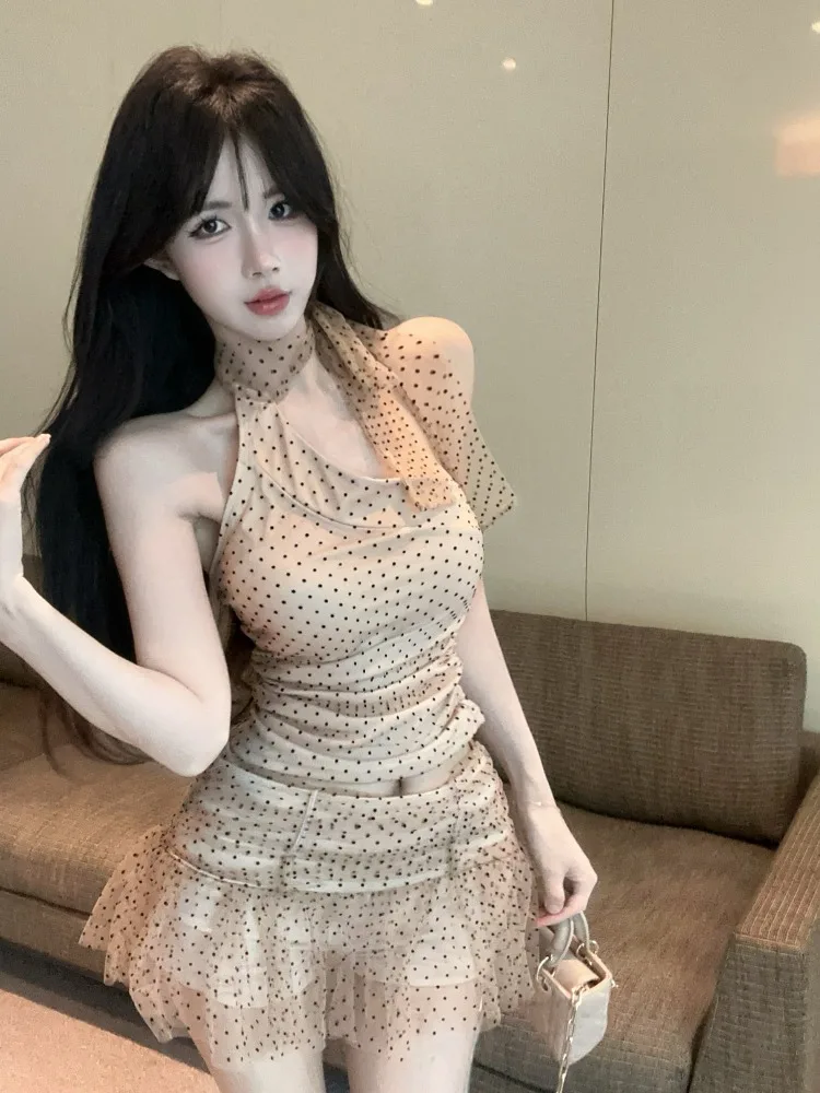 

Sexy Halter Polka Dot Skirt Set Women's Low Waist Tulle Irregular Pleat Korean Style Commute Pure Desire Spicy Girl