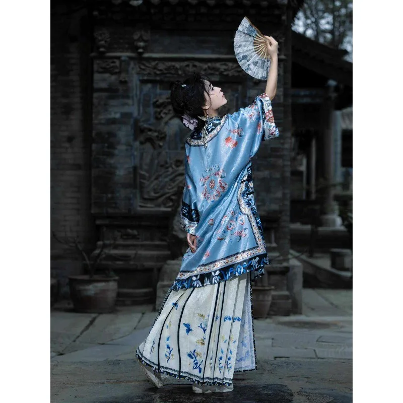 

Summer Qing Han women's blue printed suit, cold national style stand-up collar t-shirt, horse face skirt, cheongsam full set