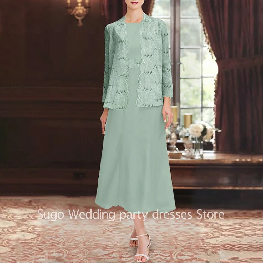 Customized 2 Pieces Elegant Mother of the Bride Dresses Chiffon Sequins Tea-Length A-Line Wedding Guest Party Groom Dress 2026