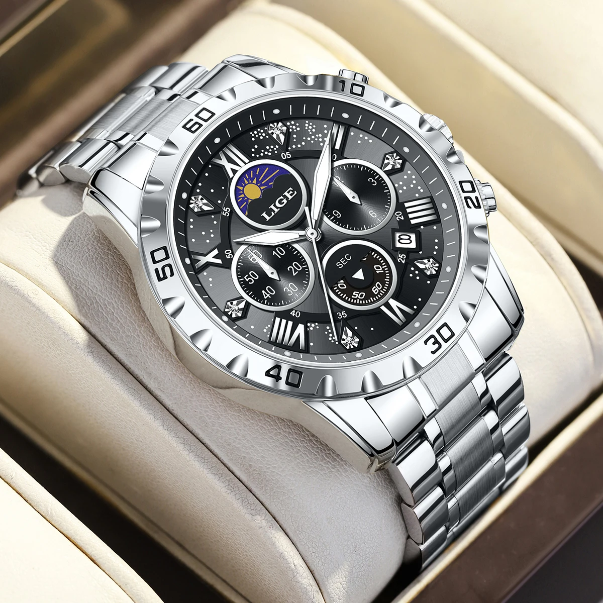 

LIGE Роскошные кварцевые мужские часы, модные деловые часы с фазой Луны, простые бриллианты, повседневные водонепроницаемые светящиеся часы с автоматической датой для мужчин + коробка