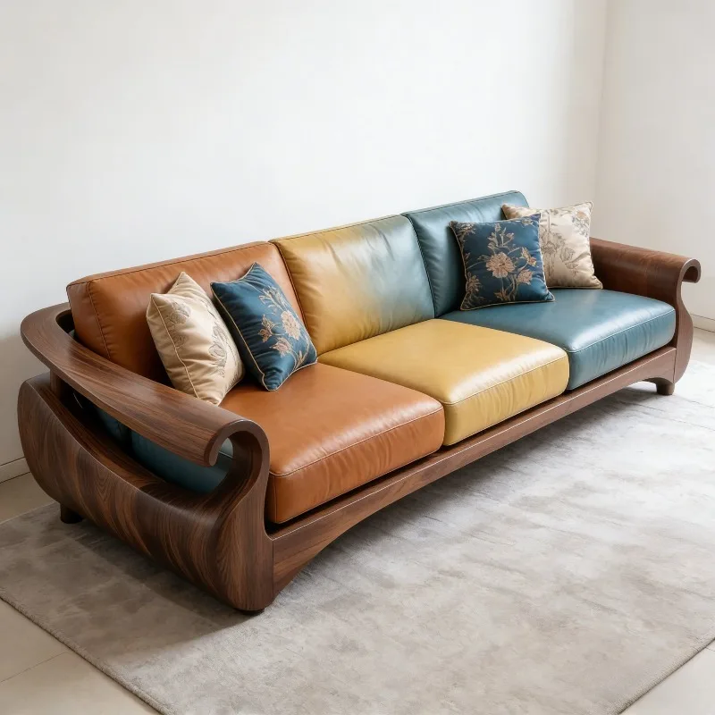 

Orange Aesthetics New Chinese Style Solid Wood Living Room Sofas 2 Seater Lounge Sofa Living Room High-end Double Home Furniture