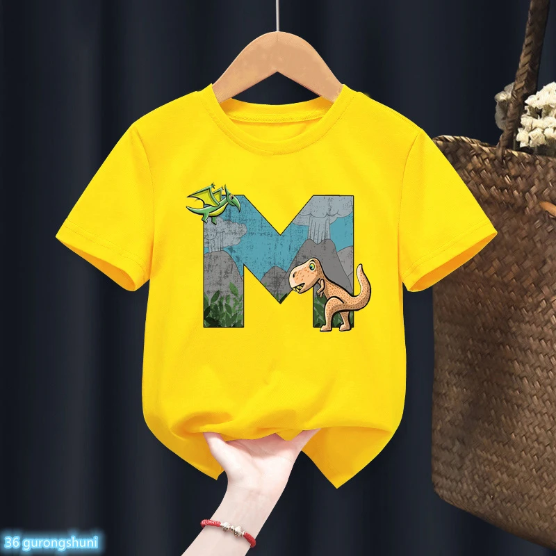 Nowa gorąca sprzedaż chłopców T-Shirt dinozaur alfabet urodziny drukuj dla dzieci odzież na imprezę urodzinową moda chłopców ubrania dla dzieci koszula topy