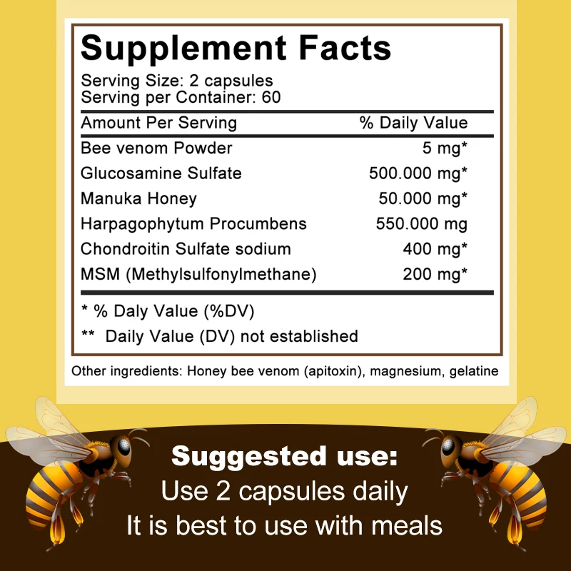 Premium Bee Venom Extract, Anti-Inflammatory Extract, Joint at Bone Supplement 120 Capsules