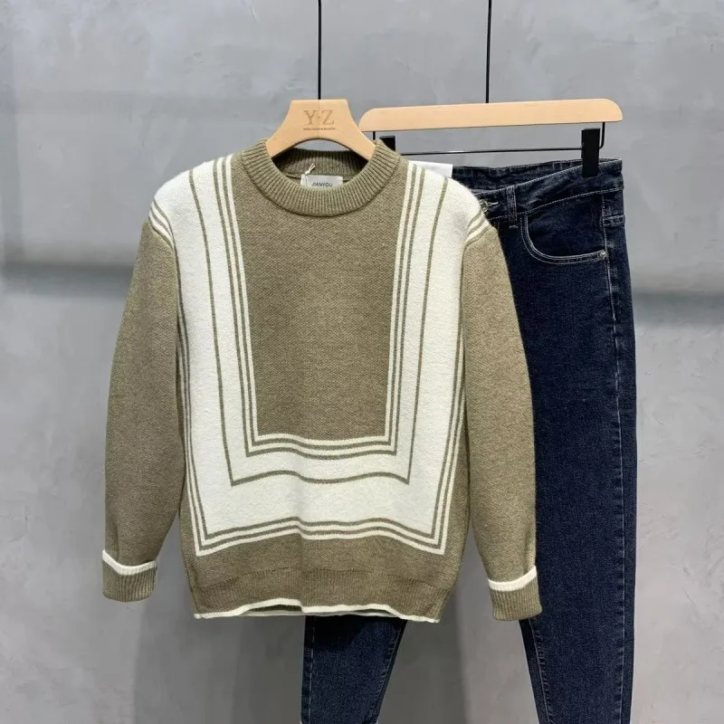 

Autumn Winter New Arrival Patchwork Crew Neck Sweater Mens Trendy Teen Casual Warm Knit Base Layer Versatile Top