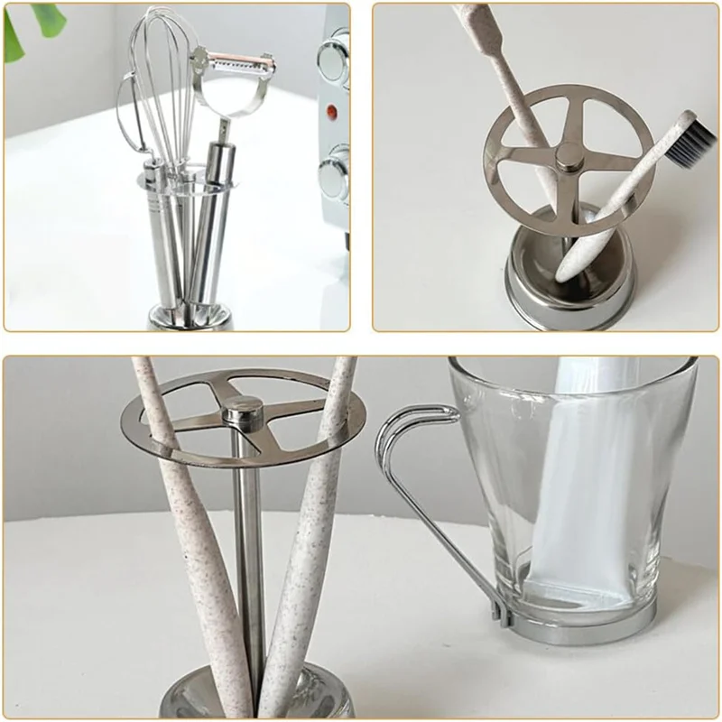 Toothbrush Holder Stainless Steel Toothpaste Stand Shelves Bathroom Organizer Freestand Stationery Makeup Brush Storage