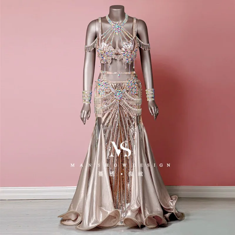 

Customized Belly Dance Costumes Performance Dress Sexy Elegant Shining Champagne Gold Set High End Competition Dress Dancewear