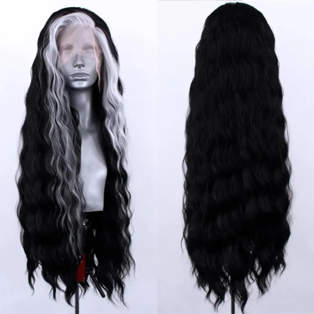 Black Mixed White Hair Loose Deep Frontal Wig Water Wave Lace Front Wig Heat Resistant Natural Hairline Fiber Hair Daily Wear
