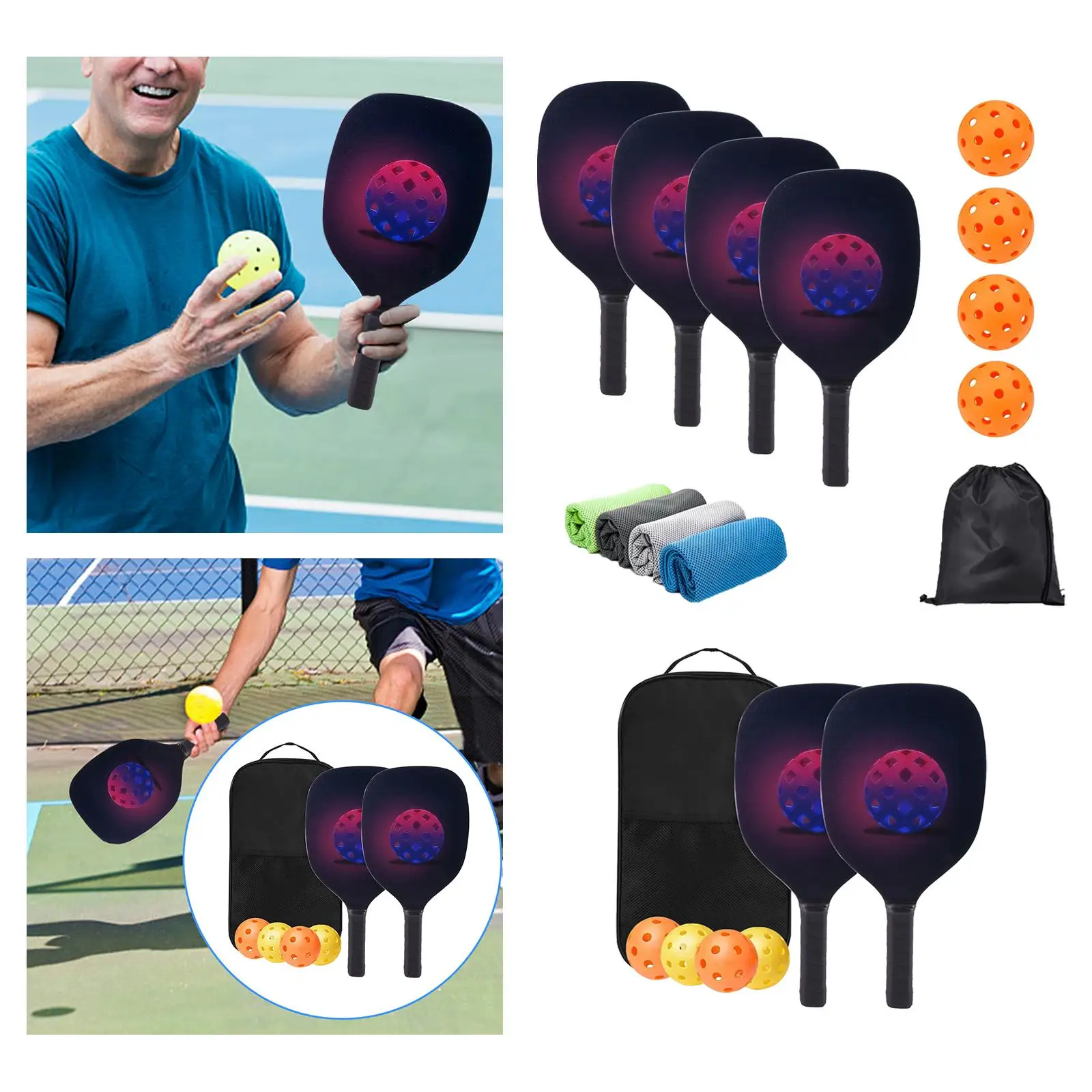 

Professional Set Rackets 1 Carry Bag 4 Pickleballs with Comfort Grip Wood for