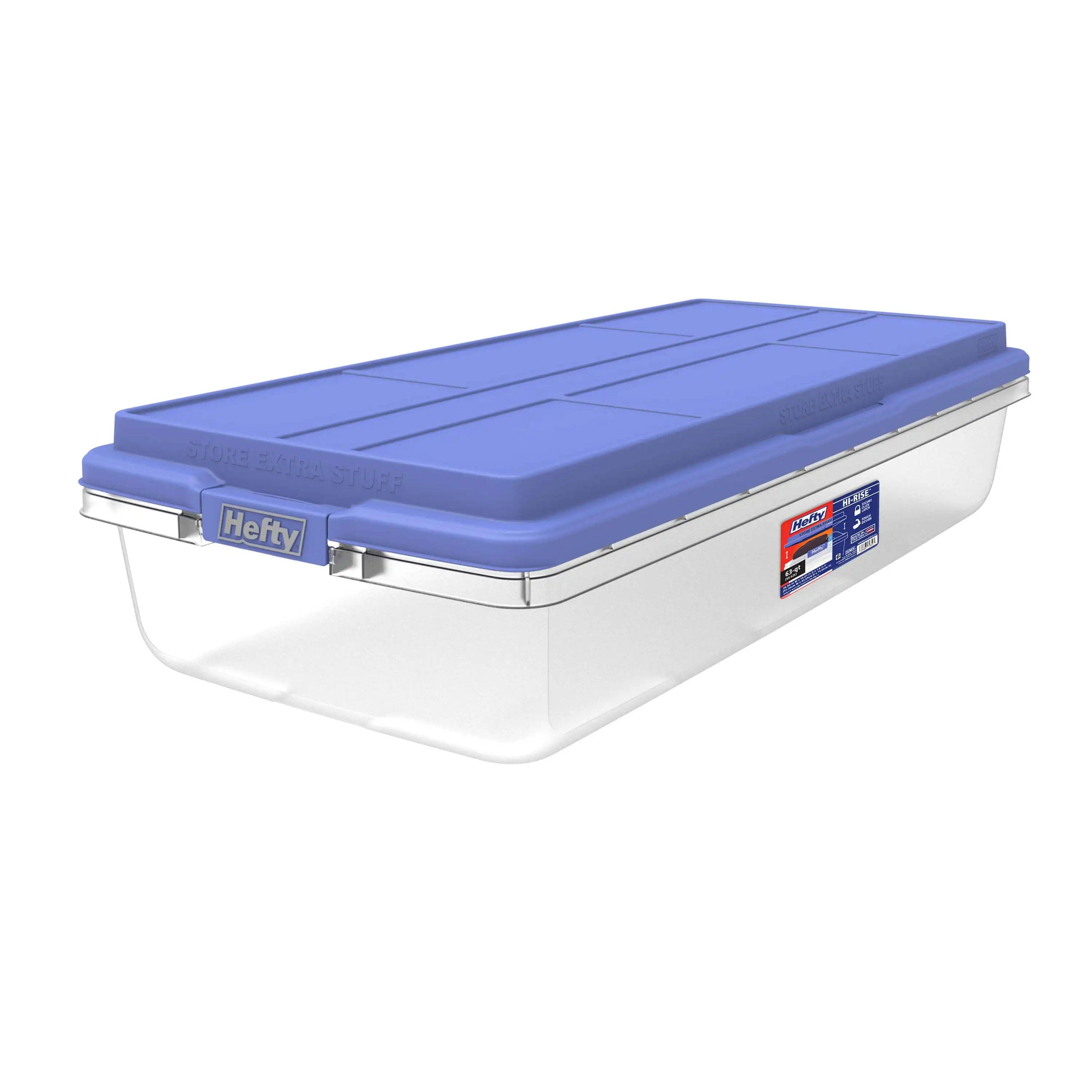 

63 Qt. Clear Plastic Storage Bin with Blue HI-RISE Lid Adult Strong plastic storage container Adult usage.