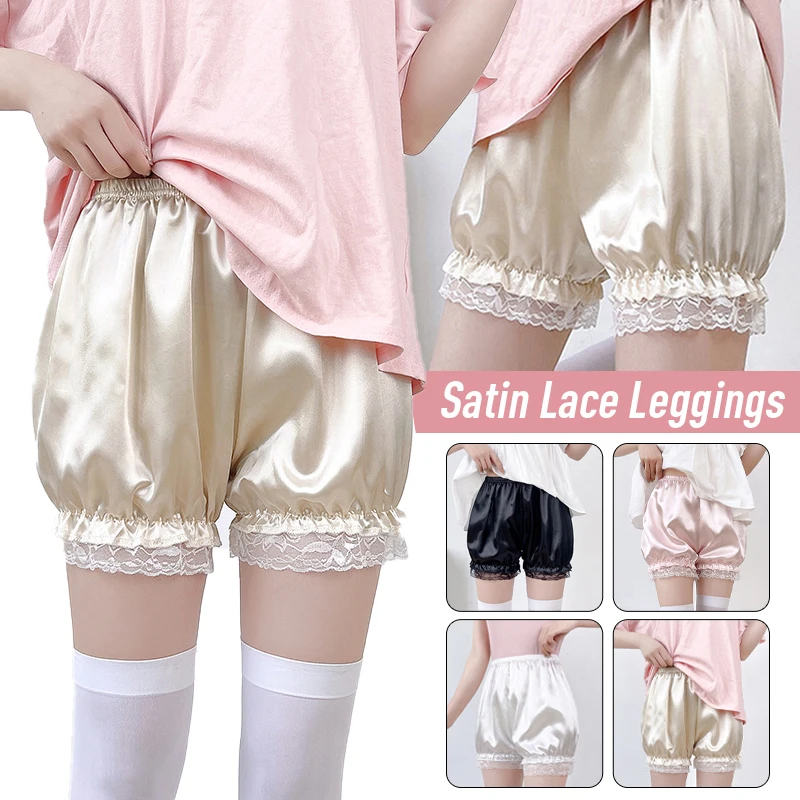 Women Imitation Satin Silk Bloomers Ruffles Lace Trim Panties Victorian Pumpkin Bloomers Safety Short Pants Pettipants