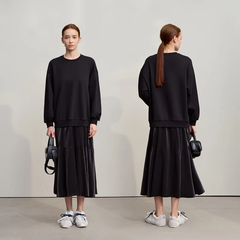 Amii Patchwork Damesjurk 2025, Winter Nieuwe Casual Veelzijdige Warme Trui O-hals Losse A-lijn Sweatershirt Jurk Dames 12544123