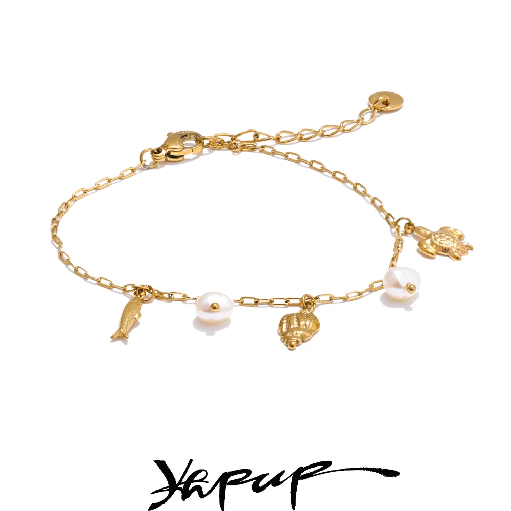 Yhpup Ocean Style Summer Accessories Natural Pearl Shell Fish Drop Chain Bracelet Bangle Stainless Steel High Quality Jewelry