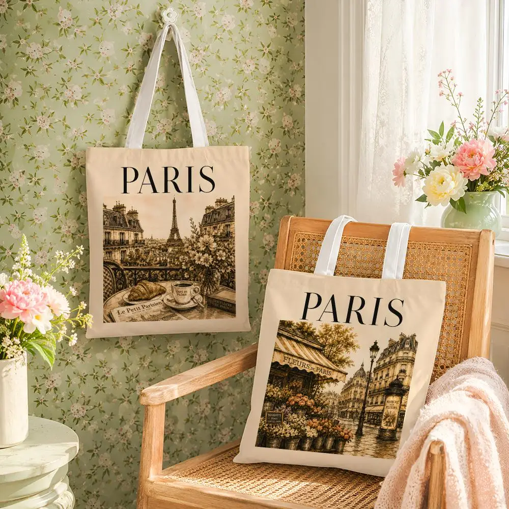 Vintage Paris Travel Stories Storage Bags Reusable Canvas Tote Large Capacity Shoulder Carry For Shopping Travel Work School