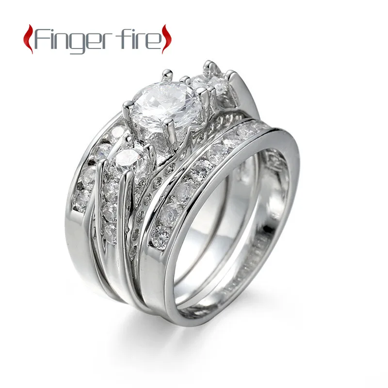 Trendy Set of 3 Silver Color Inlaid Sparkling Zirconia Rings Bridal Engagement Reception Trending Jewelry Gifts