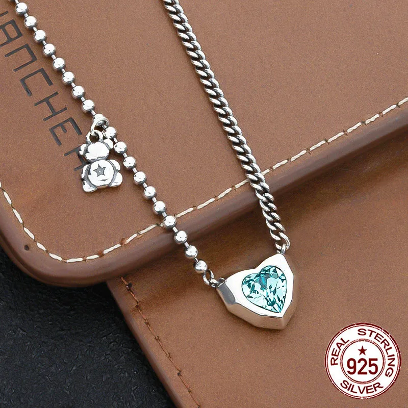 

Women's S925 Pure Silver Necklace with Blue Zirconia Love Pendant Little Bear Splicing Chain Cold Wind Clavicular Style Jewelry