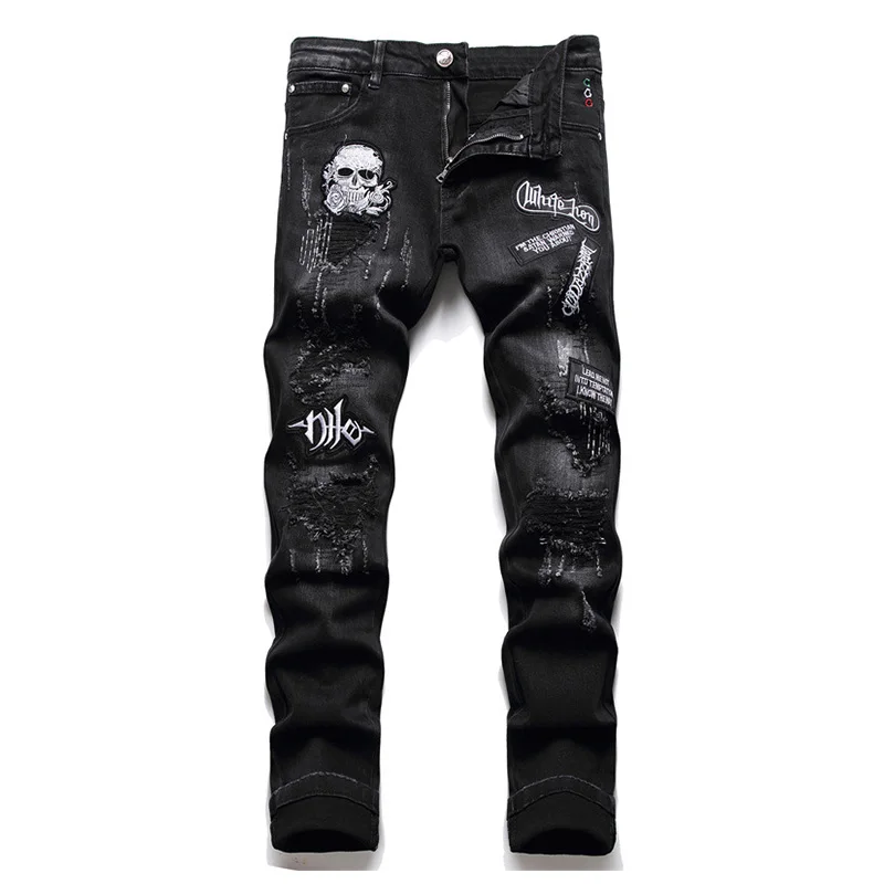 

Mcikkny Men Skull Embroidery Washed Jeans Pants Ripped Destroyed Black Denim Trousers For Male Slim Fit