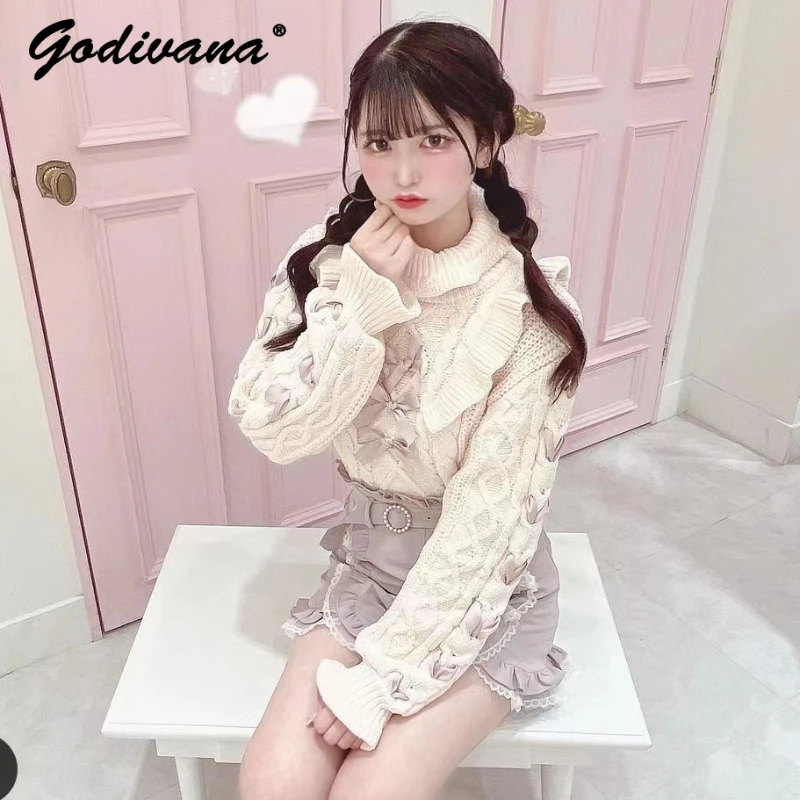 Japanese Style Sweet Girl\'s Turtleneck Bow Knitted Pullover Swaters Autumn and Winter Women\'s Cute Long Sleeve Knitwear Tops