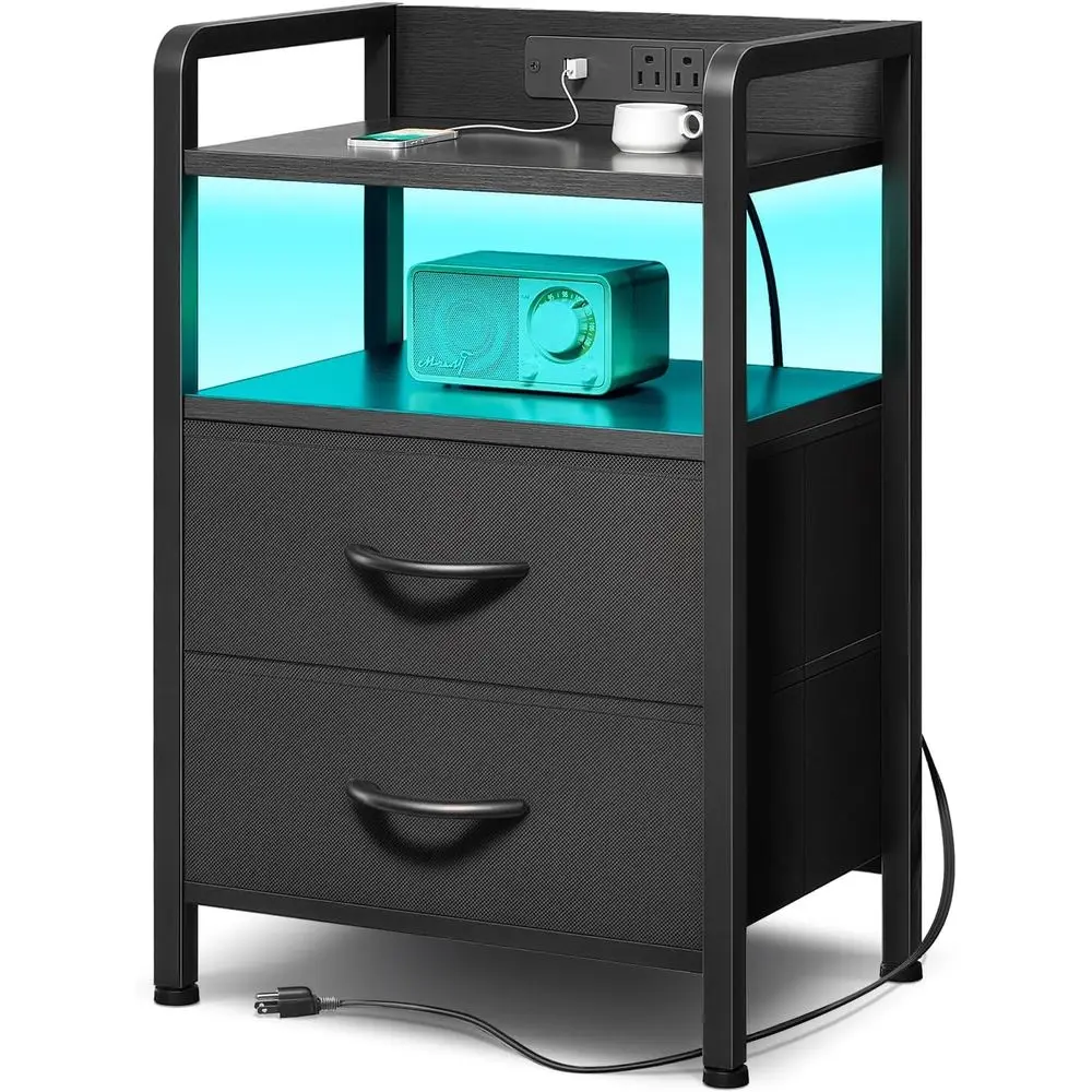 

Contemporary Bedroom Nightstand with Charging Dock, LED Light, Storage Shelf, and Fabric Drawers