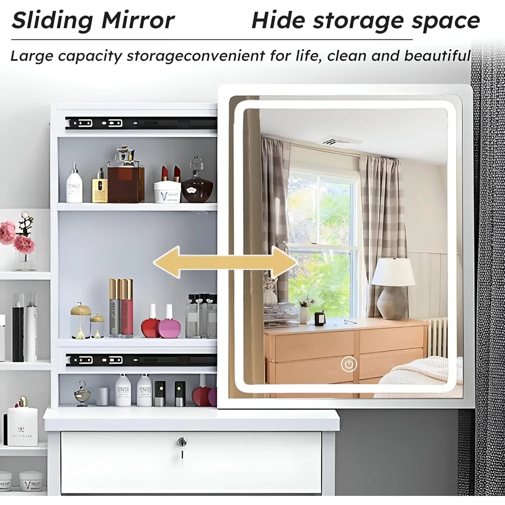 مكتب مكياج مع مرآة وأضواء، طاولة زينة مع مرآة منزلقة وأدراج وأرفف تخزين ومقعد