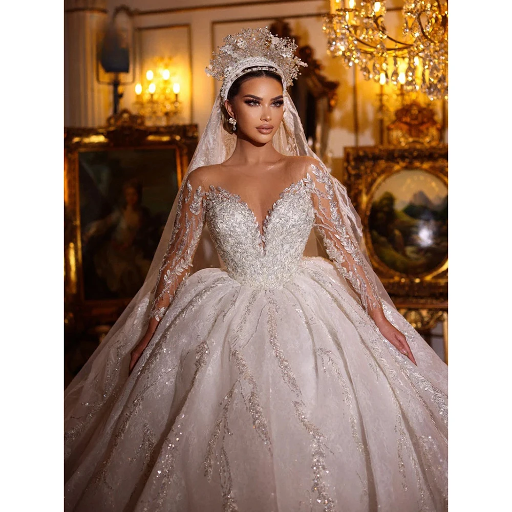 

Luxury Ball Gown Wedding Dresses For Women V-Neck Lace Appliques Beaded Long Sleeve Bridal Gown Customized Princess Bride Dress