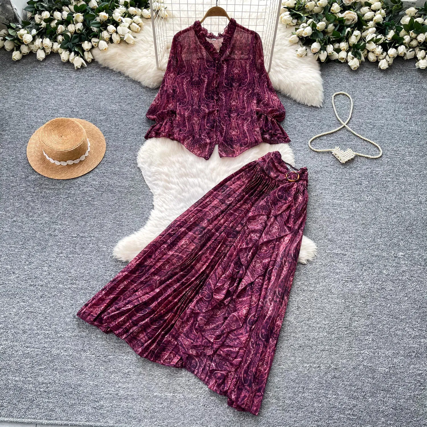 Spring Autumn Women Printed Two Piece Set Elegant V-Neck Single Breasted Long Sleeve Blouse + Ruffle Pleated Skirt 2Pcs Suit New
