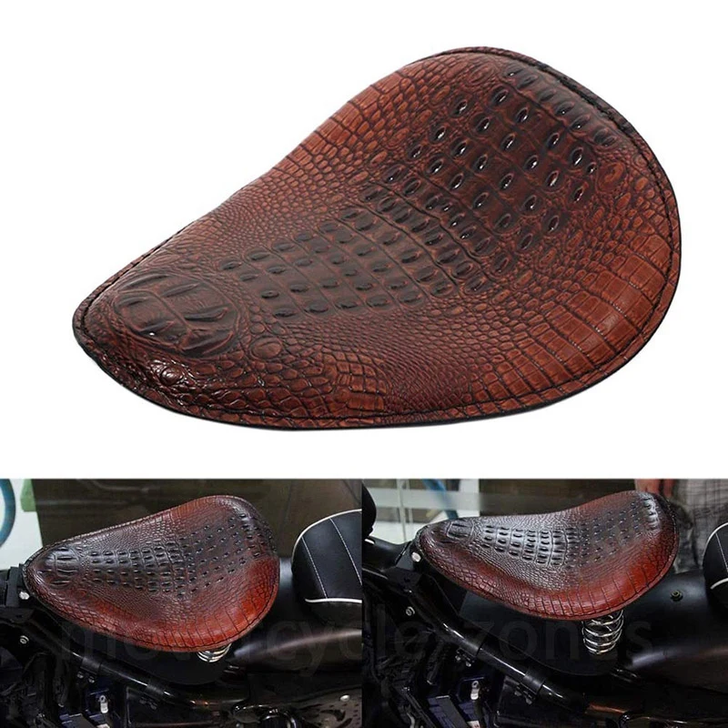 Brown Alligator Leather Motorcycle Solo Driver Seat for Chopper Custom