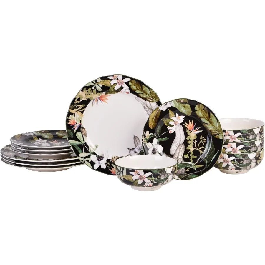 Juego de vajilla de porcelana de 12 piezas para 4 platos y cuencos blancos y negros con mesa de cerámica brillante con diseño floral tropical