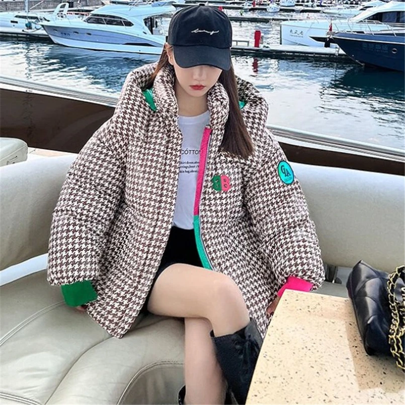 Winter Houndstooth Hooded Cotton Jacket Women Harajuku Fashion Casual Loose Coat With Pocket Zipper Thickened Bread Down Jackets