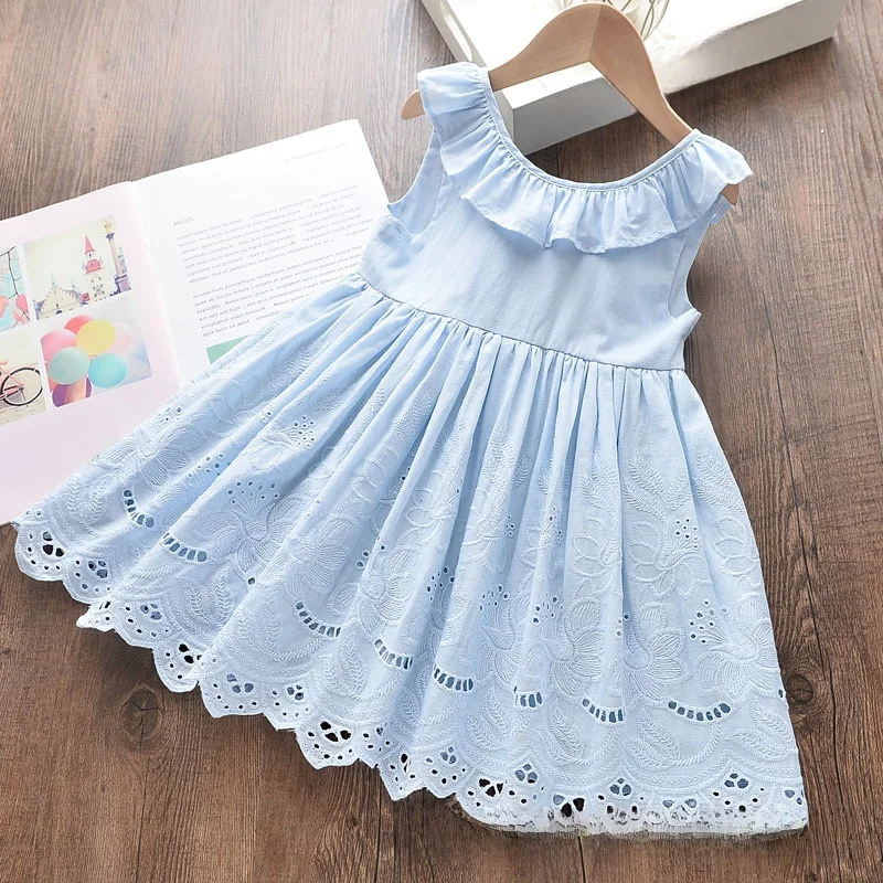 

Girls Lace Dr Pure Color Embroidered Hollow out Vest Trim Dr Cotton Svel Children's Clothing Spring Season