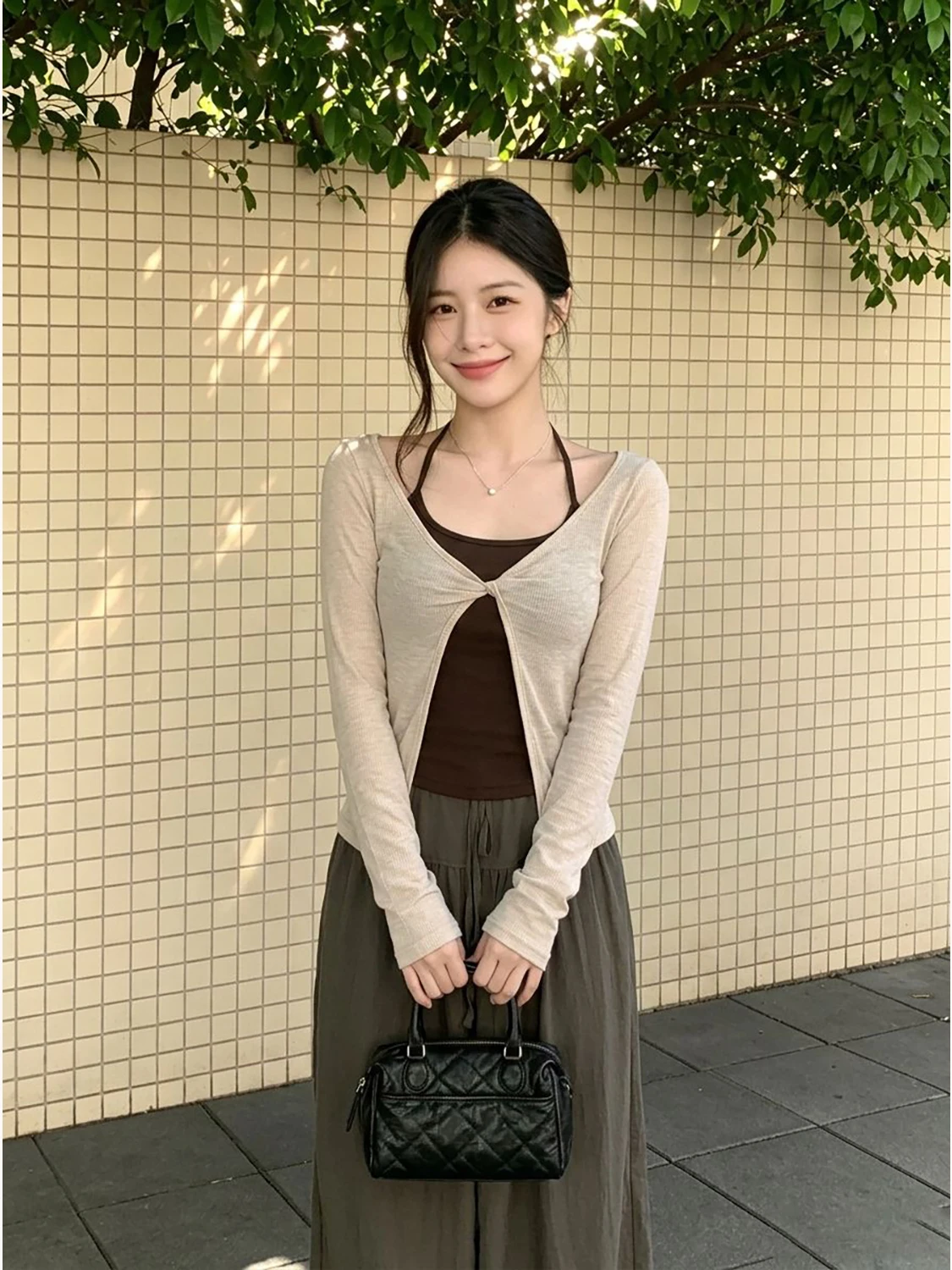 Korean Style Lazy Women's Sun Protection Set Early Autumn Hanging Neck Vest Outer Twist Long Sleeve Cover up Top Two-Piece Set