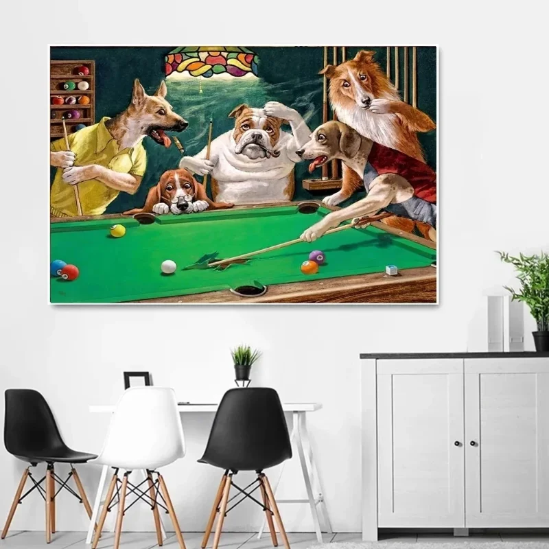 Abstract Funny Animal Dog Playing Poker Playing Billiard Canvas Painting Wall Art Pictures Posters Prints Living Room Home Decor