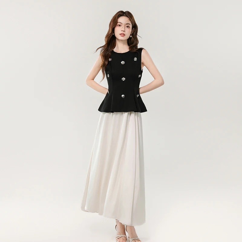 

2025 Summer Elegant Fashion Women Suit Korean Style Black Flower Sleeveless Tank Top + Long Skirt Two Piece Sets Women Outfits