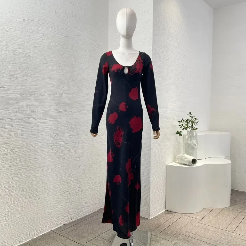 

Silk Red Floral Print 2024 New High Quality Long Sleeve Black Women Maxi Mermaid Dresses