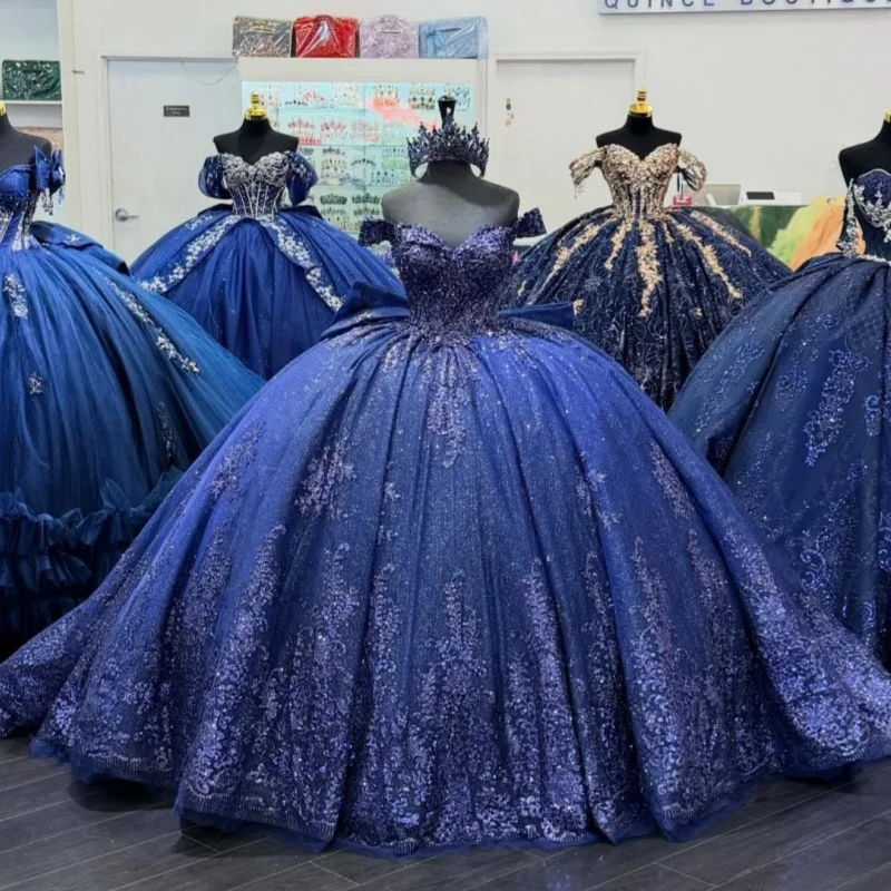 

Shiny Dark Blue Quinceanera Dress Crystal Glitter Flower Decal off-shoulder Long tail Bow Vestidos De 15 Quinceanera ﻿Customize