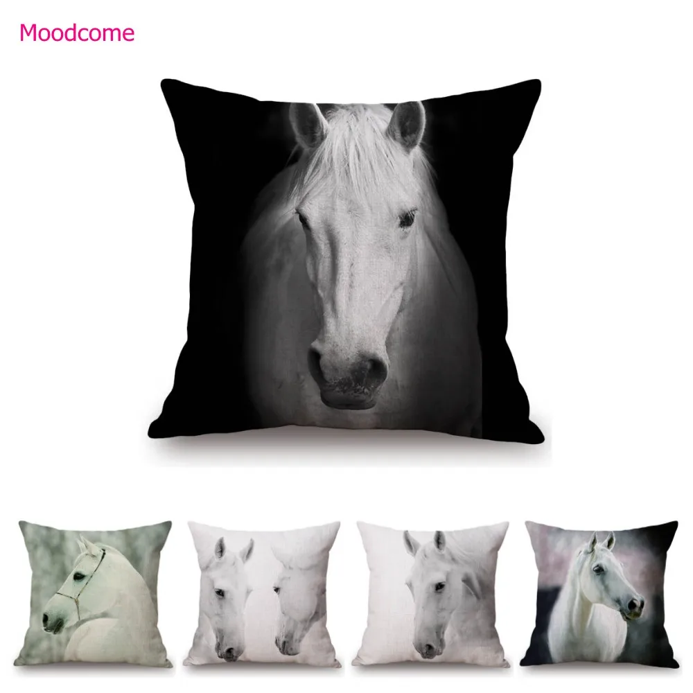 White Horse Royal Court Horsemanship Club Decoration Art Sofa Throw Pillow Case Black White Elegant Linen Pony Cushion Cover