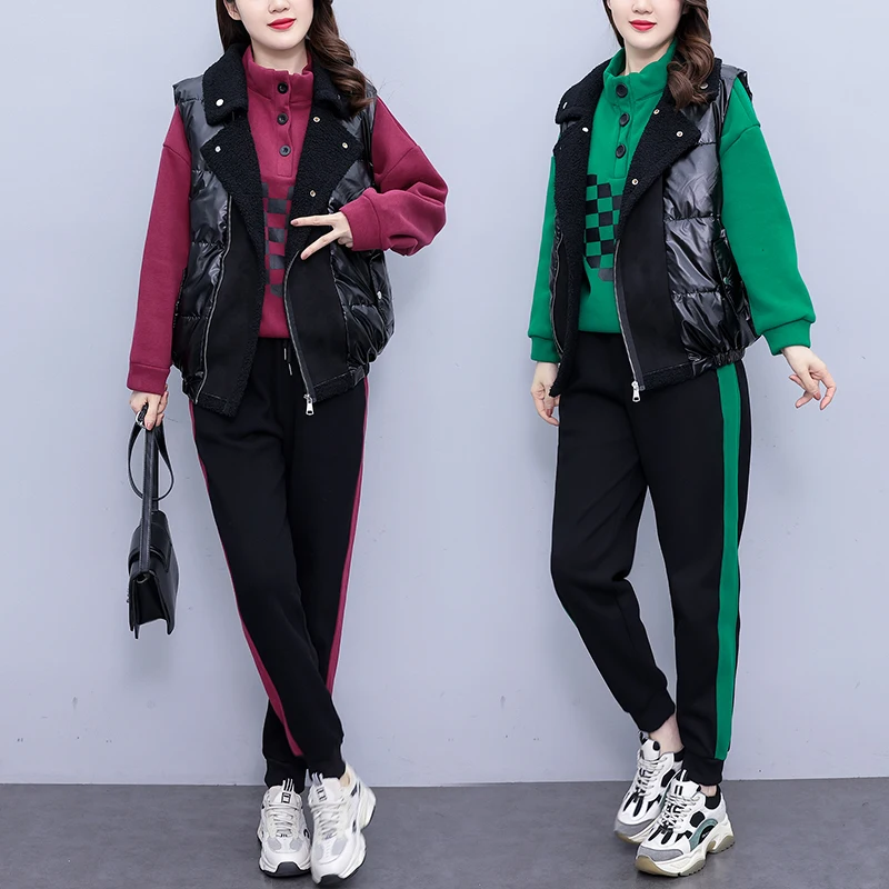 Autumn Winter Three-piece Set For Women 2023 Vest Fleece Sweatshirt Tops And Pants Large Size Female Thick Green Red Sport Suit