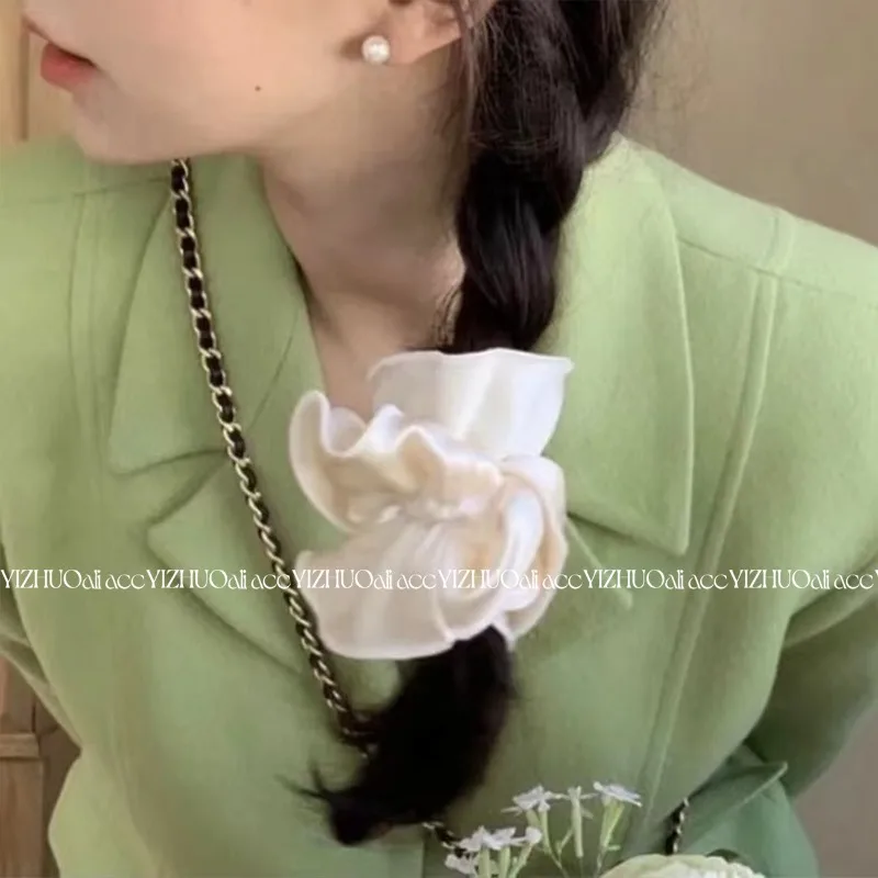 Fashion Satin Wavy Pleated Double-layer Scrunchie Headdress for Women Korean Stylish Colored Ponytail Hairband Hair Accessories