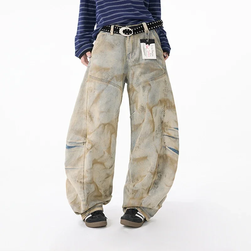 

2025 мужские широкие джинсы High Street, свободные корейские модные окрашенные галстуки осенние широкие мужские брюки 28W9728