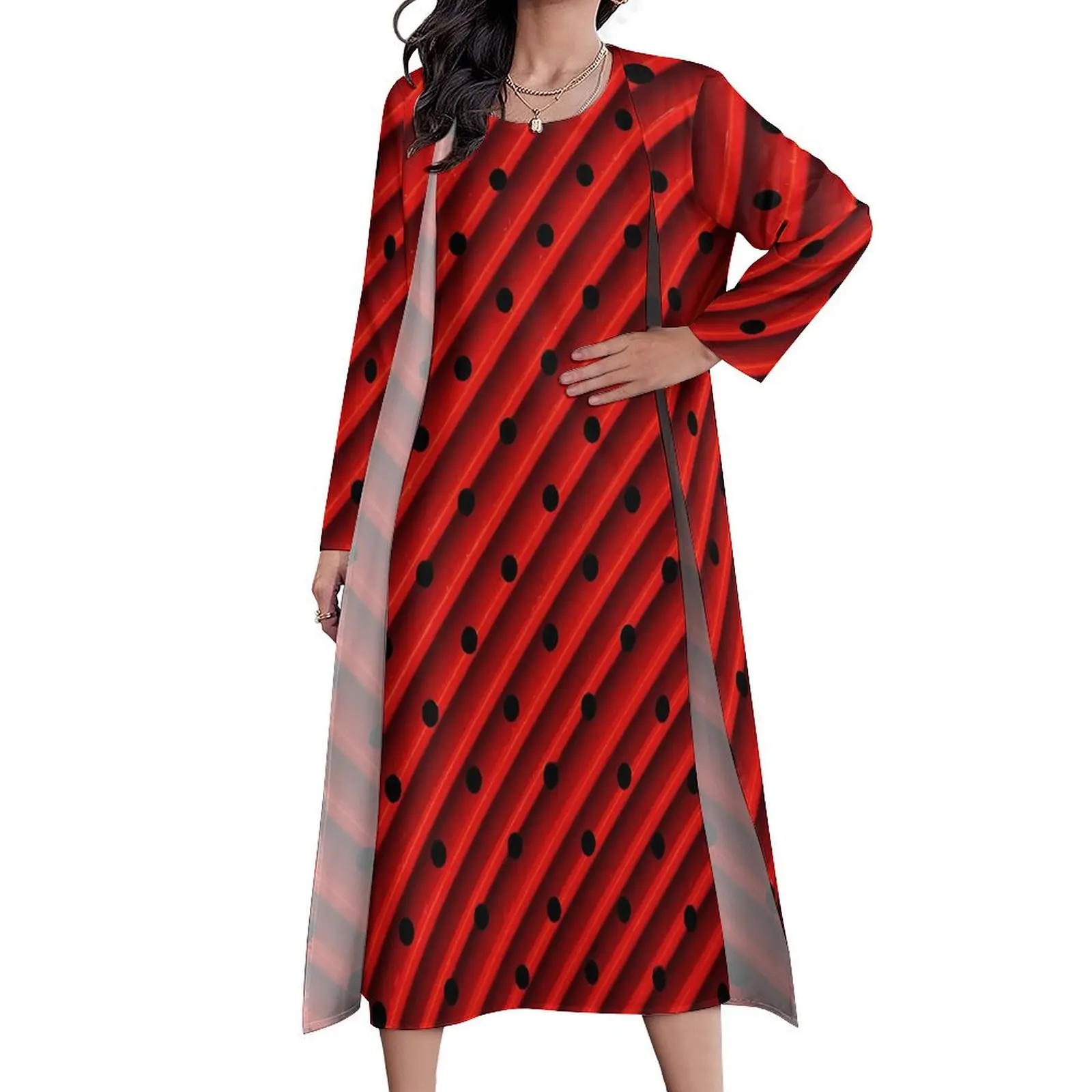 

Striped Polka Dot Dress Summer Red And Black Korean Fashion Casual Long Dresses Female Graphic Kawaii Maxi Dress Big Size 4XL