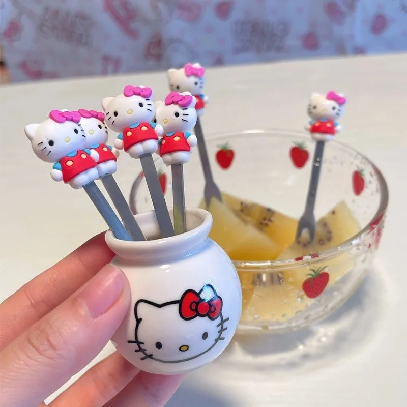 

Sanrio Kawaii HelloKitty Stainless Steel Fruit Fork Anime Cartoon Children Cute Little Fork with Long Handle Girl Birthday Gift