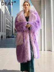 DEAT Fashion Women's Faux Fur Coat Contrastccolor Lapel Oose Long Sleeves Pockets Thick Warm Jackets Winter 2024 New 7AB6139