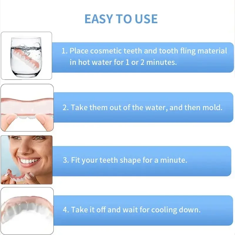 Dientes postizos sonrientes cómodos con pegamento de relleno de dientes, carillas inferiores superiores desechables, maquillaje temporal