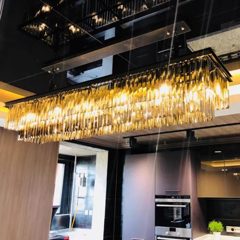 

Modern Crystal Pendant Lamp For Bar Kitchen Island Light Fixture Rectangle Design Ceiling Lamp Long Hanging Lamp Cristal Lustre