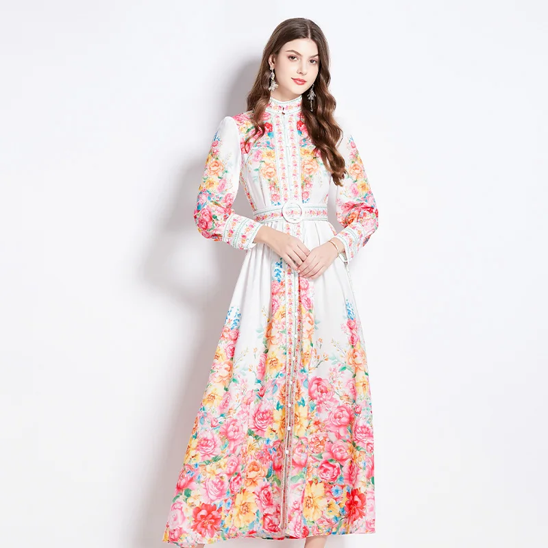 2024 Herbst wunderschöne Blumen druck Urlaub Maxi Robe Vintage Frauen einreihige Laterne Ärmel Blumen gürtel langes Kleid Vestidos