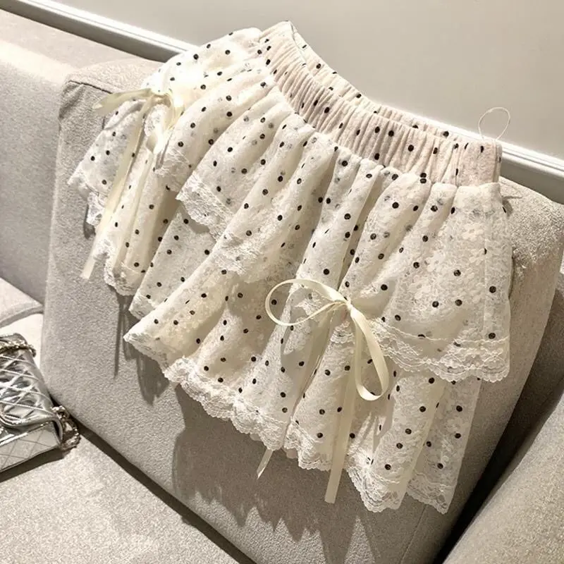 Saia Curta de Renda com Poás Doun para Meninas, Estilo Doce e Elegante Coreano, Saia de Cintura Alta em Camadas, Fibra de Pol...