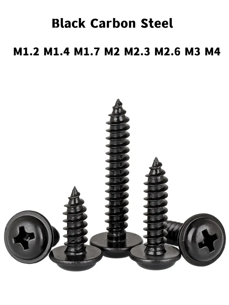 Black Carbon Steel PWA M1.2 M1.4 M1.7 M2 M2.3 M2.6 M3 M4 Cross Philips Pan Round Head Self Tapping Screw With Washer DIN968